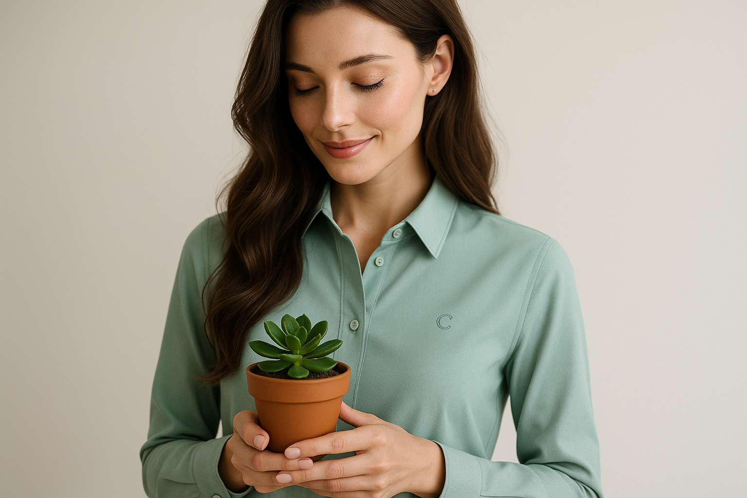 una mujer bonita cabello largo ondulado elegantemente vestida con la marca en su camisa Verde Menta y una maceta pequeña en sus manos con una suculenta